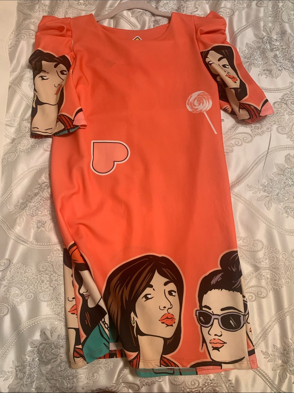 Womens Coral Mini Dress with Graphic Pop Art Print